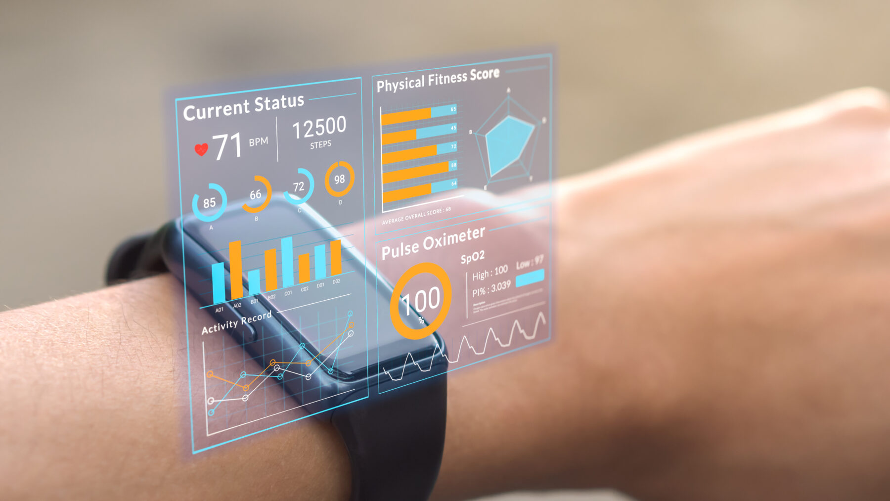 Futuristic hologram infographic display on smartwatch, 3d rendering medical data user interface screen app on hi-tech watch, heart rate SpO2 scanning and physical health condition UI technology