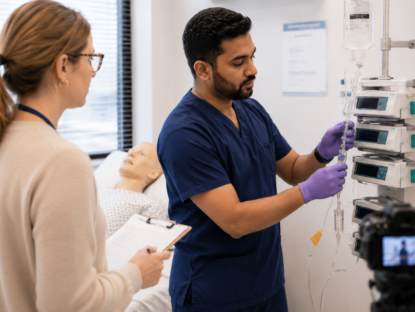 Clinician configuring an infusion pump during a simulated-use human factors study while a researcher observes the task.